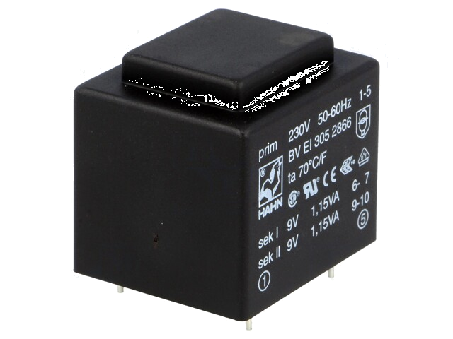 Transformator: ingegoten; 2,3VA; 230VAC; 9V; 9V; 127mA; 127mA; PCB Transformator: ingegoten; 2,3VA; 230VAC; 9V; 9V; 127mA; 127mA; PCB